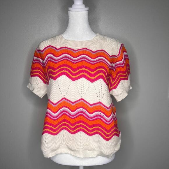 THML Vintage Inspired Chevron Knit Sweater Top Short Sleeve Boho Sz Med. Cottage - Picture 1 of 8